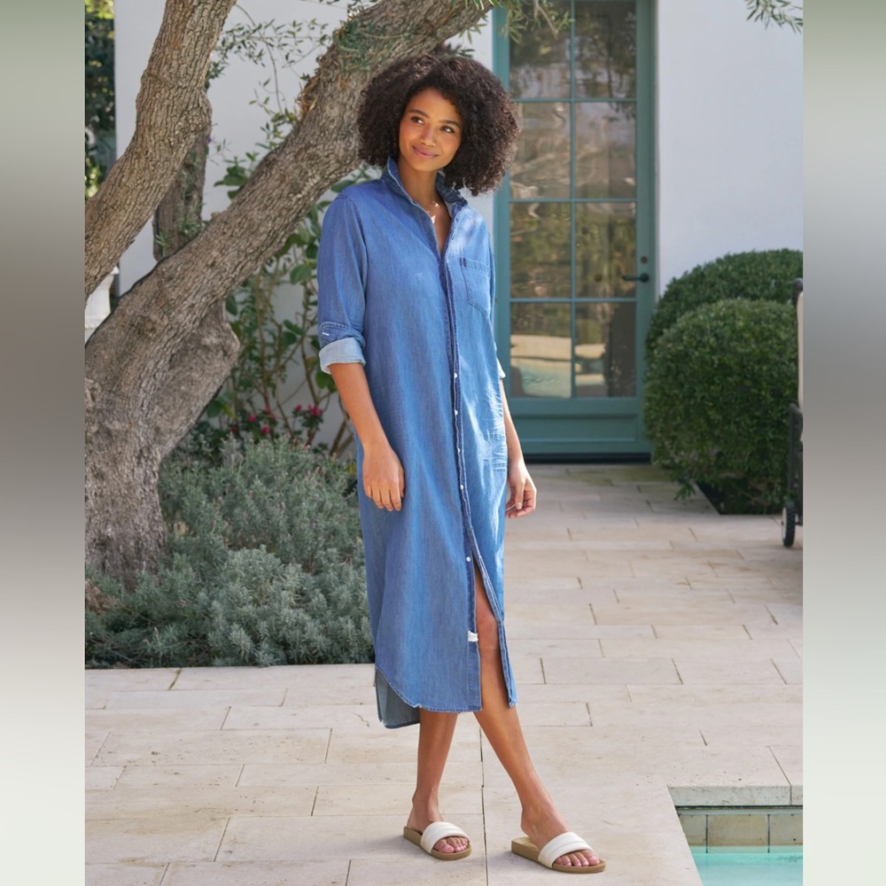 Frank & Eileen Rory Distressed Famous Denim Maxi Shirtdress Blue Medium